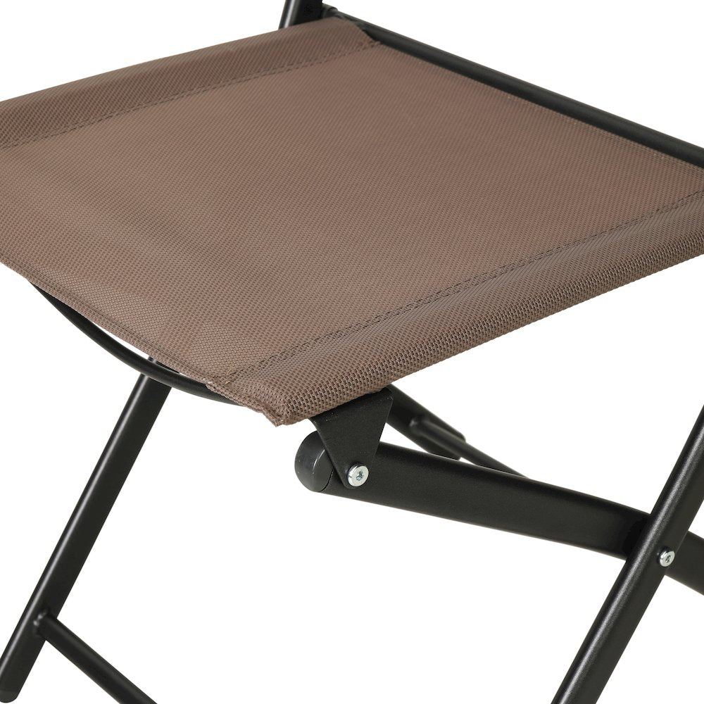 Set of 2 Folding Chairs with Brown Material Backs and Seats, Black Metal Frames