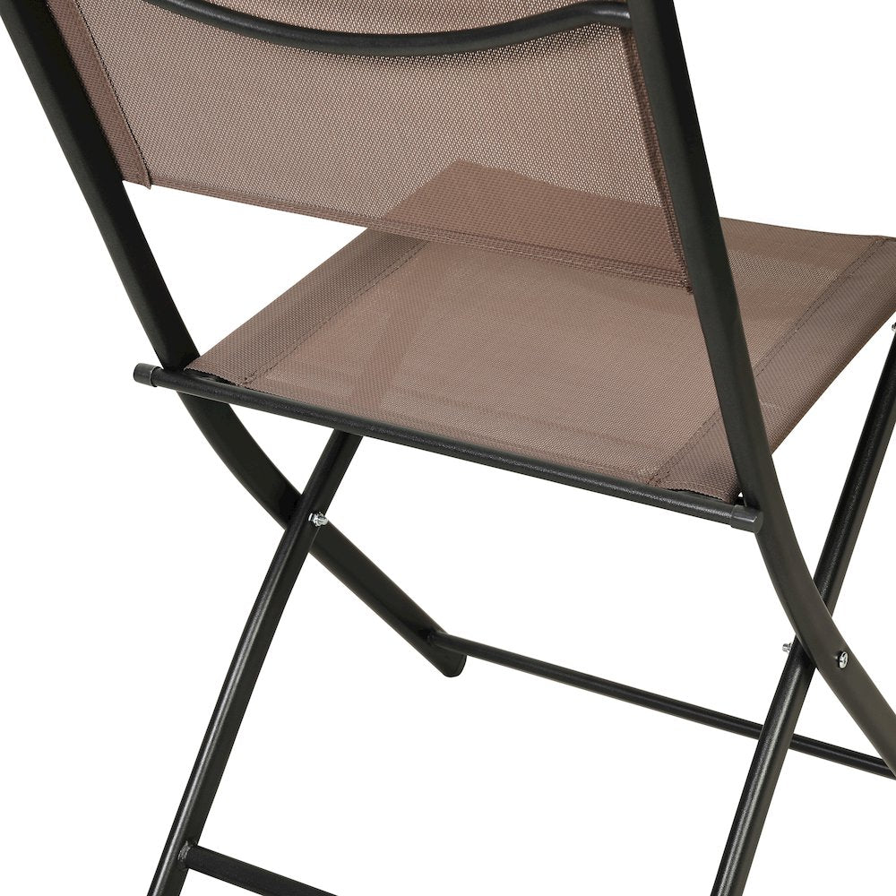Set of 2 Folding Chairs with Brown Material Backs and Seats, Black Metal Frames