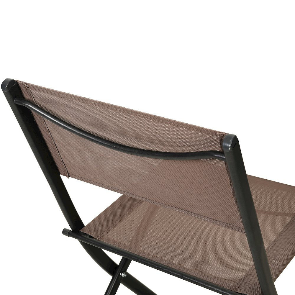Set of 2 Folding Chairs with Brown Material Backs and Seats, Black Metal Frames
