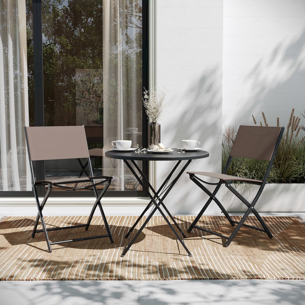 Set of 2 Folding Chairs with Brown Material Backs and Seats, Black Metal Frames