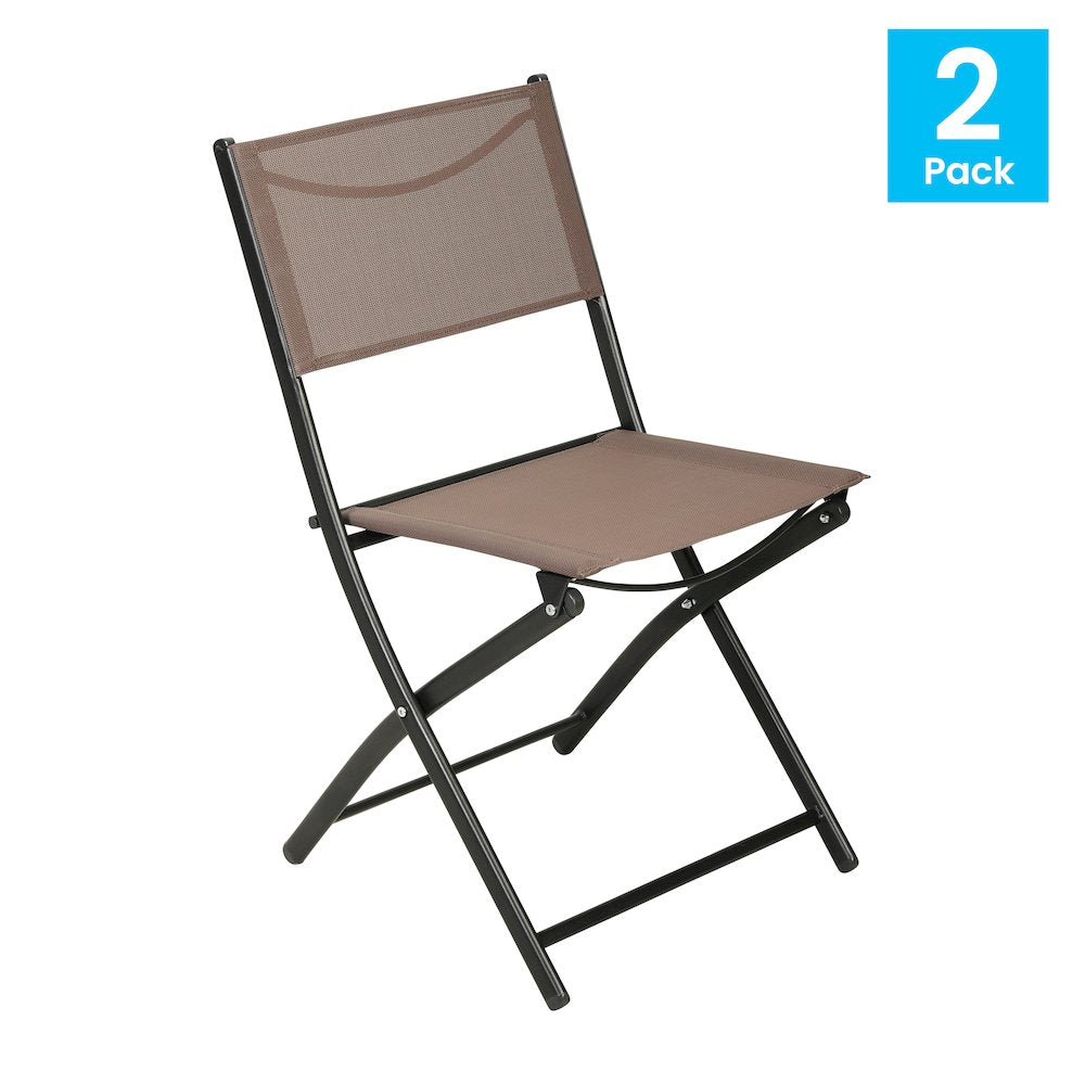 Set of 2 Folding Chairs with Brown Material Backs and Seats, Black Metal Frames