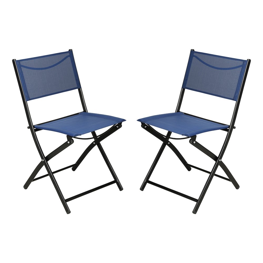 Set of 2 Folding Chairs with Navy Material Backs and Seats,Black Metal Frames