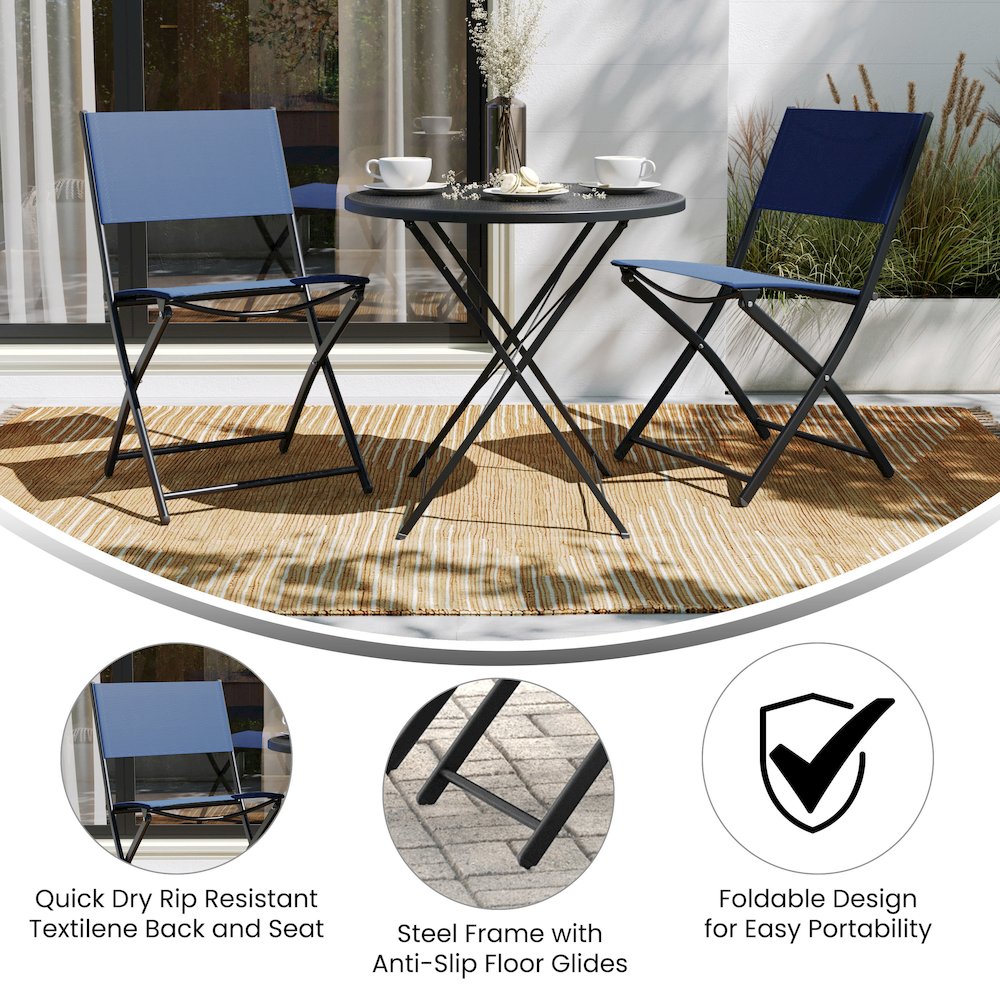 Set of 2 Folding Chairs with Navy Material Backs and Seats,Black Metal Frames