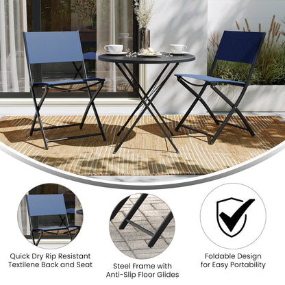 Set of 2 Folding Chairs with Navy Material Backs and Seats,Black Metal Frames