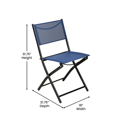 Set of 2 Folding Chairs with Navy Material Backs and Seats,Black Metal Frames