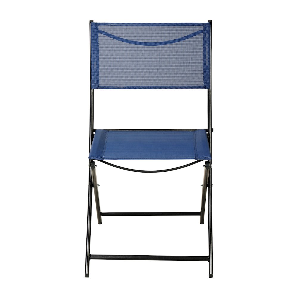 Set of 2 Folding Chairs with Navy Material Backs and Seats,Black Metal Frames