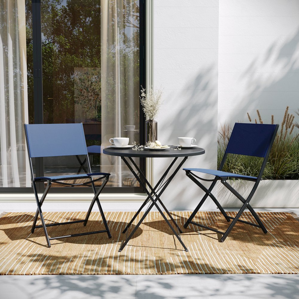 Set of 2 Folding Chairs with Navy Material Backs and Seats,Black Metal Frames