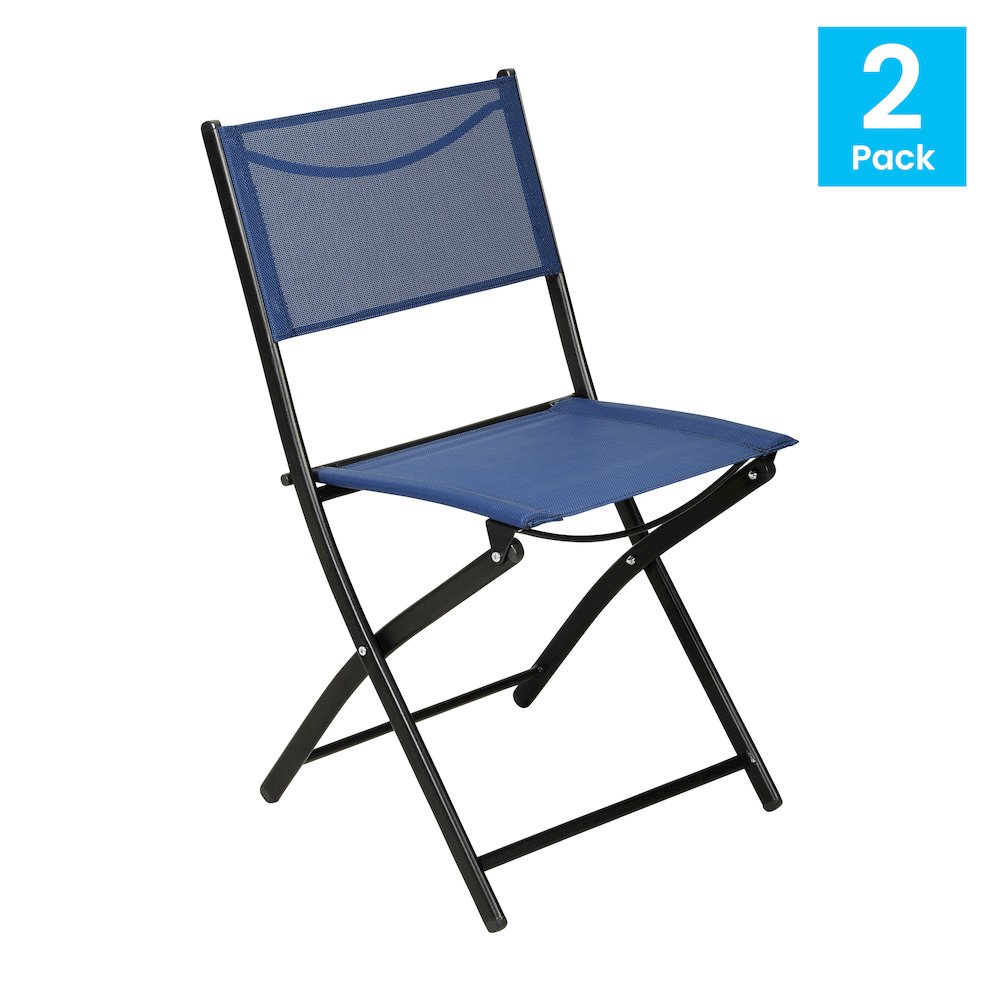 Set of 2 Folding Chairs with Navy Material Backs and Seats,Black Metal Frames
