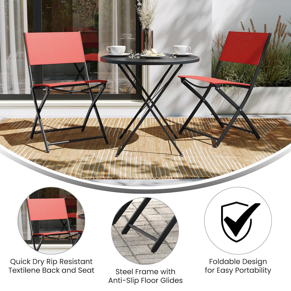 Set of 2 Folding Chairs with Red Material Backs and Seats and Black Metal Frames