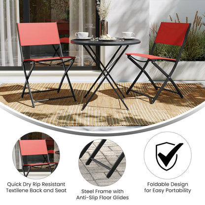 Set of 2 Folding Chairs with Red Material Backs and Seats and Black Metal Frames