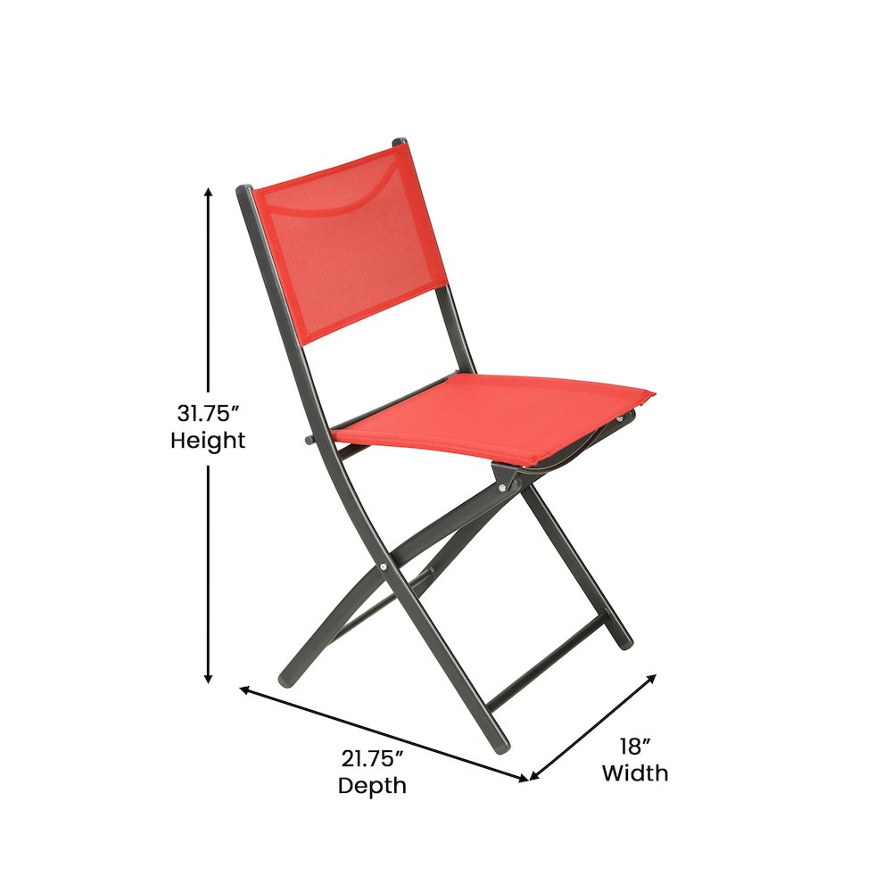 Set of 2 Folding Chairs with Red Material Backs and Seats and Black Metal Frames