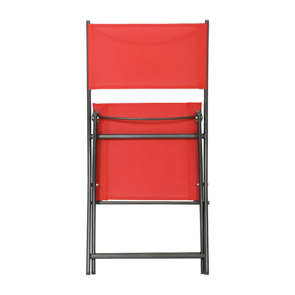 Set of 2 Folding Chairs with Red Material Backs and Seats and Black Metal Frames