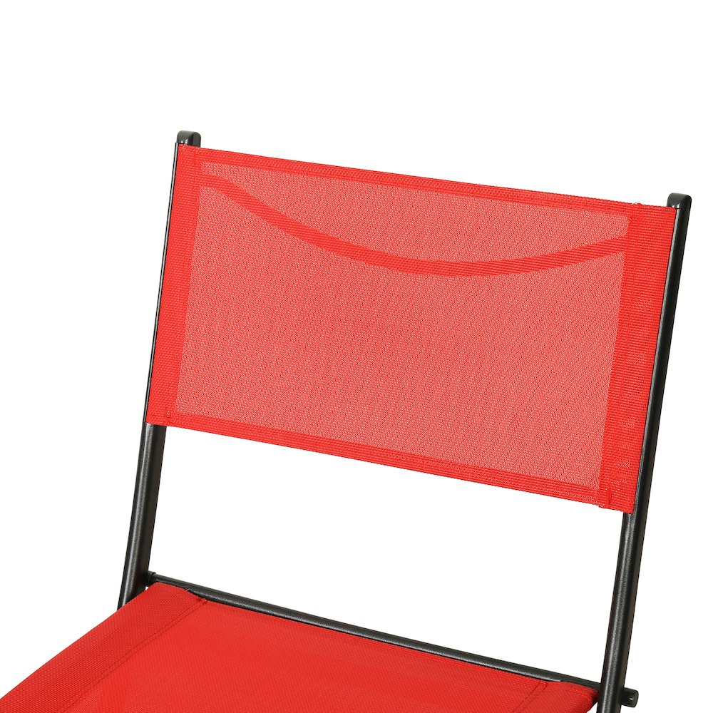 Set of 2 Folding Chairs with Red Material Backs and Seats and Black Metal Frames