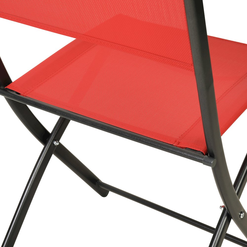 Set of 2 Folding Chairs with Red Material Backs and Seats and Black Metal Frames