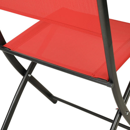 Set of 2 Folding Chairs with Red Material Backs and Seats and Black Metal Frames