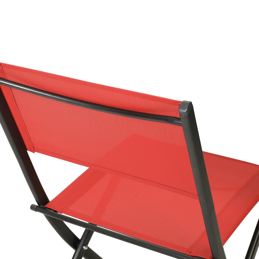 Set of 2 Folding Chairs with Red Material Backs and Seats and Black Metal Frames