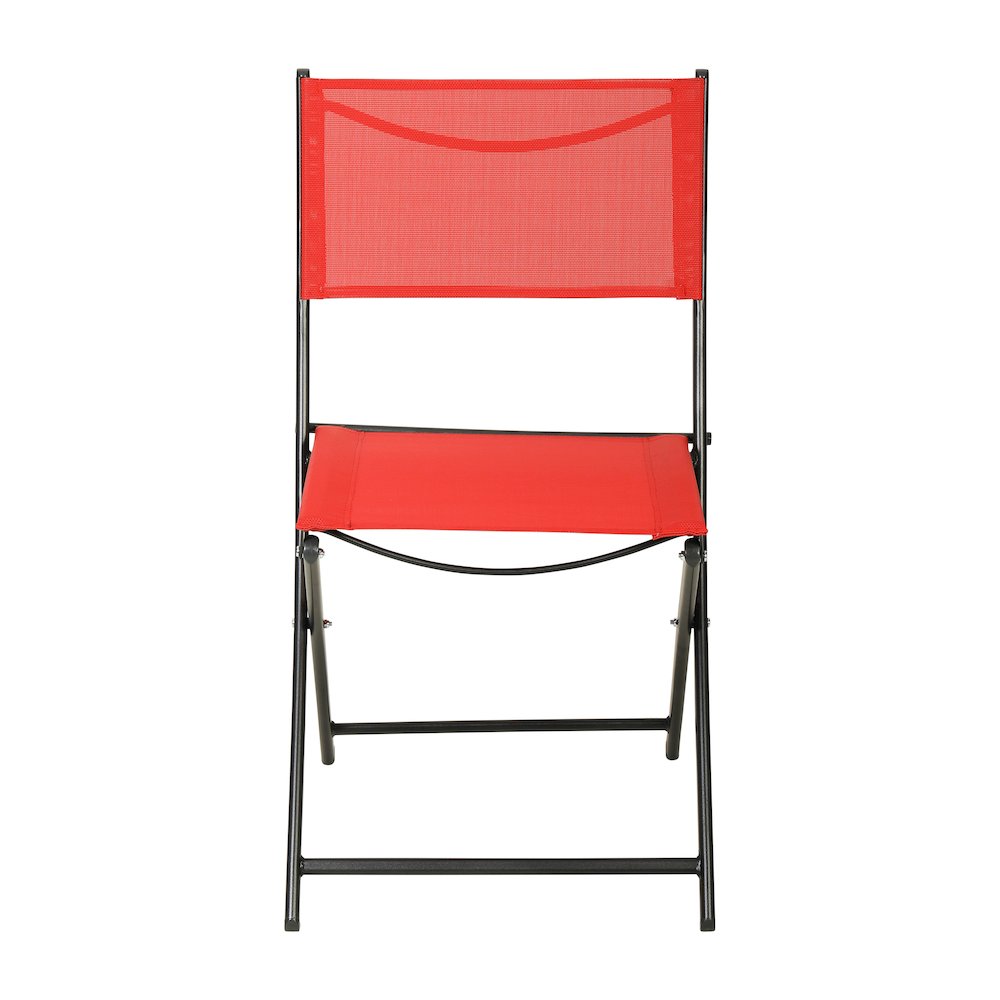 Set of 2 Folding Chairs with Red Material Backs and Seats and Black Metal Frames