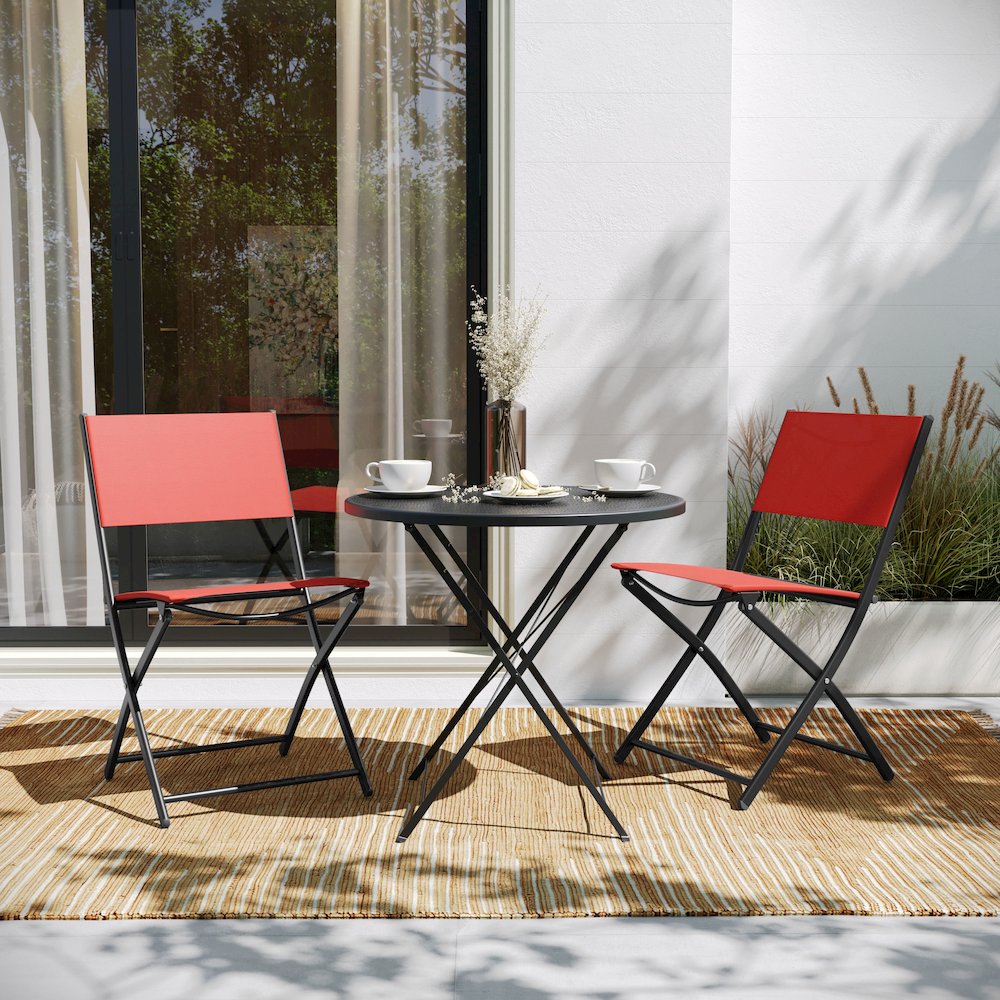 Set of 2 Folding Chairs with Red Material Backs and Seats and Black Metal Frames