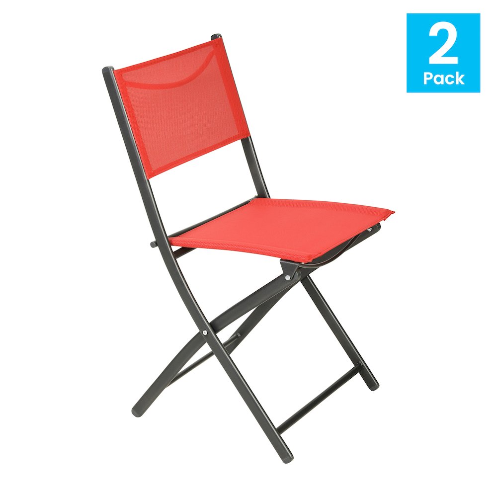 Set of 2 Folding Chairs with Red Material Backs and Seats and Black Metal Frames