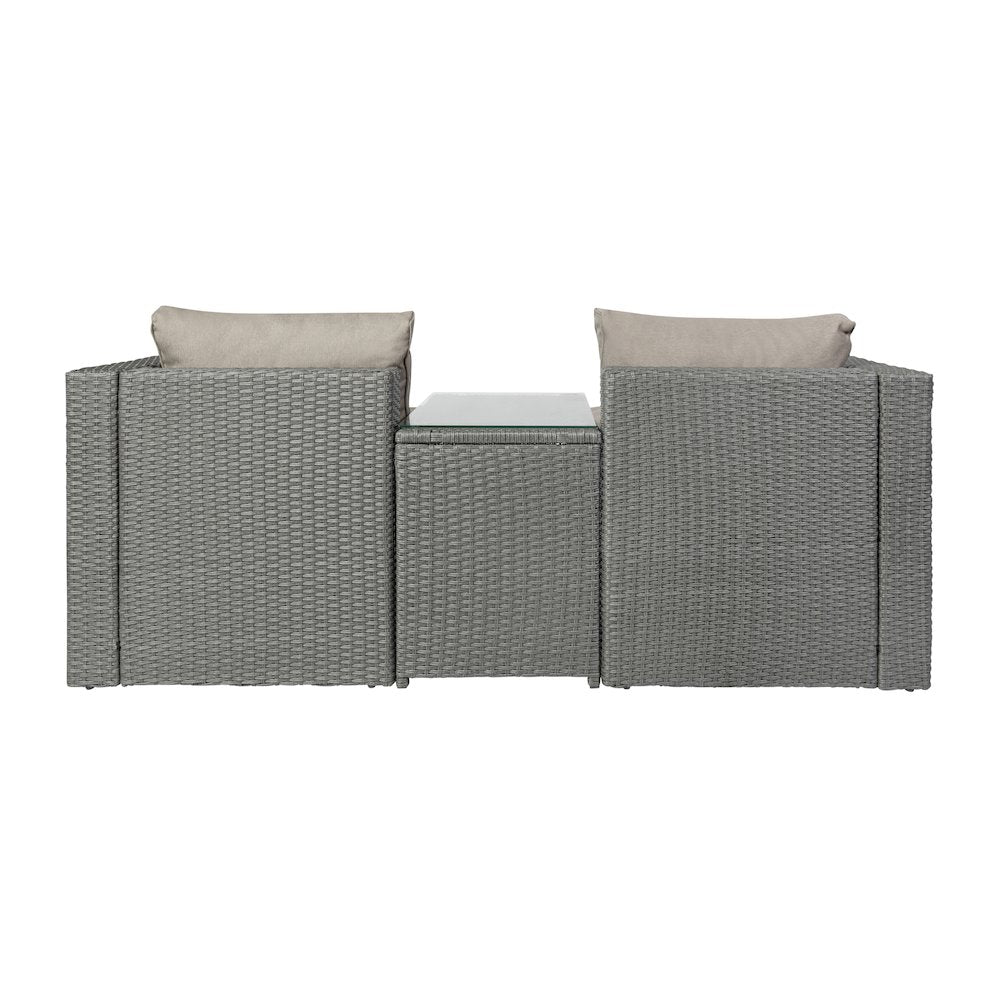 Modular Loveseat Sofa Set with Table and Ottomans, Gray Cushions and Gray Rattan