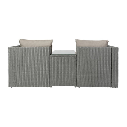 Modular Loveseat Sofa Set with Table and Ottomans, Gray Cushions and Gray Rattan