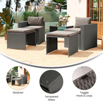 Modular Loveseat Sofa Set with Table and Ottomans, Gray Cushions and Gray Rattan