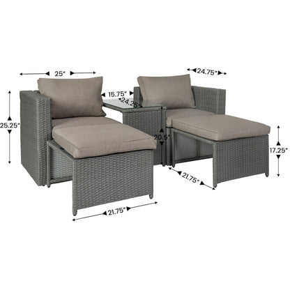 Modular Loveseat Sofa Set with Table and Ottomans, Gray Cushions and Gray Rattan