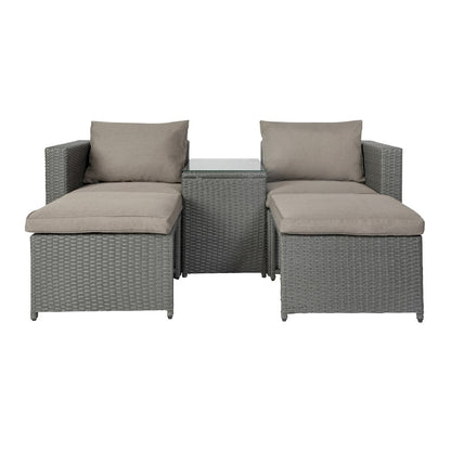 Modular Loveseat Sofa Set with Table and Ottomans, Gray Cushions and Gray Rattan