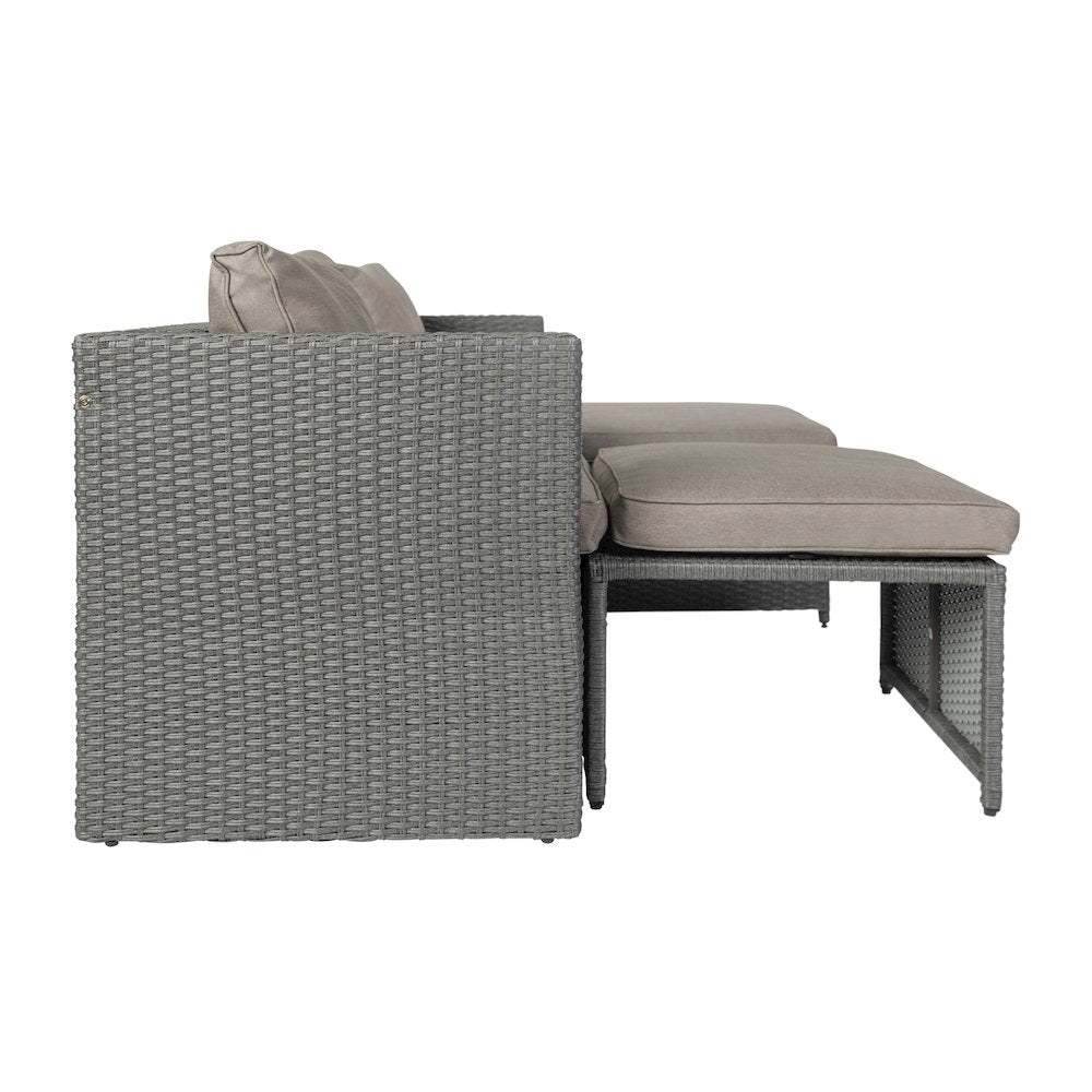 Modular Loveseat Sofa Set with Table and Ottomans, Gray Cushions and Gray Rattan