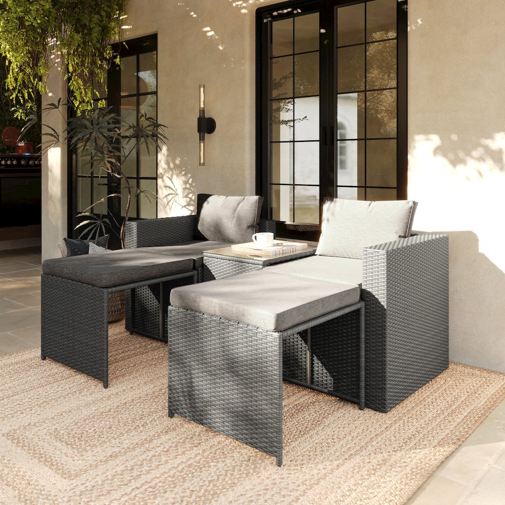 Modular Loveseat Sofa Set with Table and Ottomans, Gray Cushions and Gray Rattan