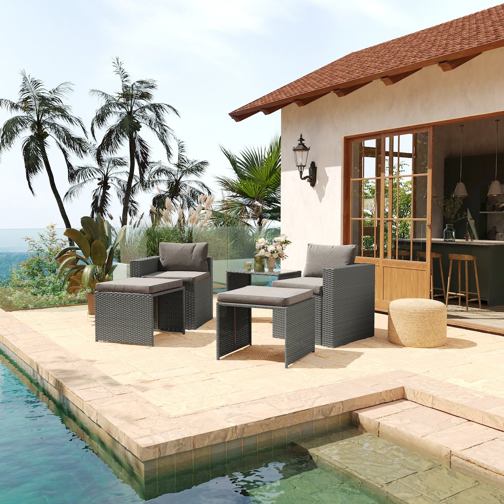 Modular Loveseat Sofa Set with Table and Ottomans, Gray Cushions and Gray Rattan