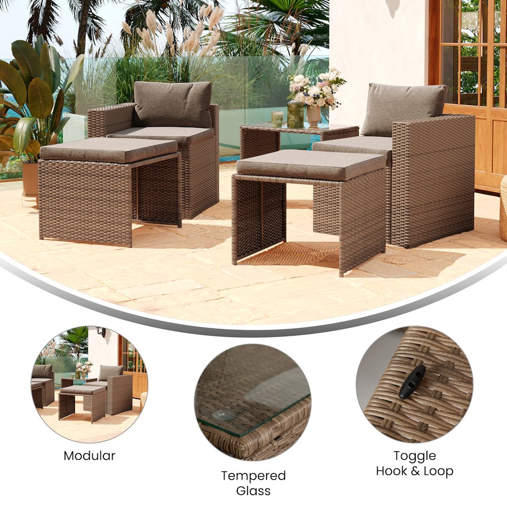 Modular Loveseat Sofa Set with Table and Ottomans, Gray Cushions, Natural Rattan