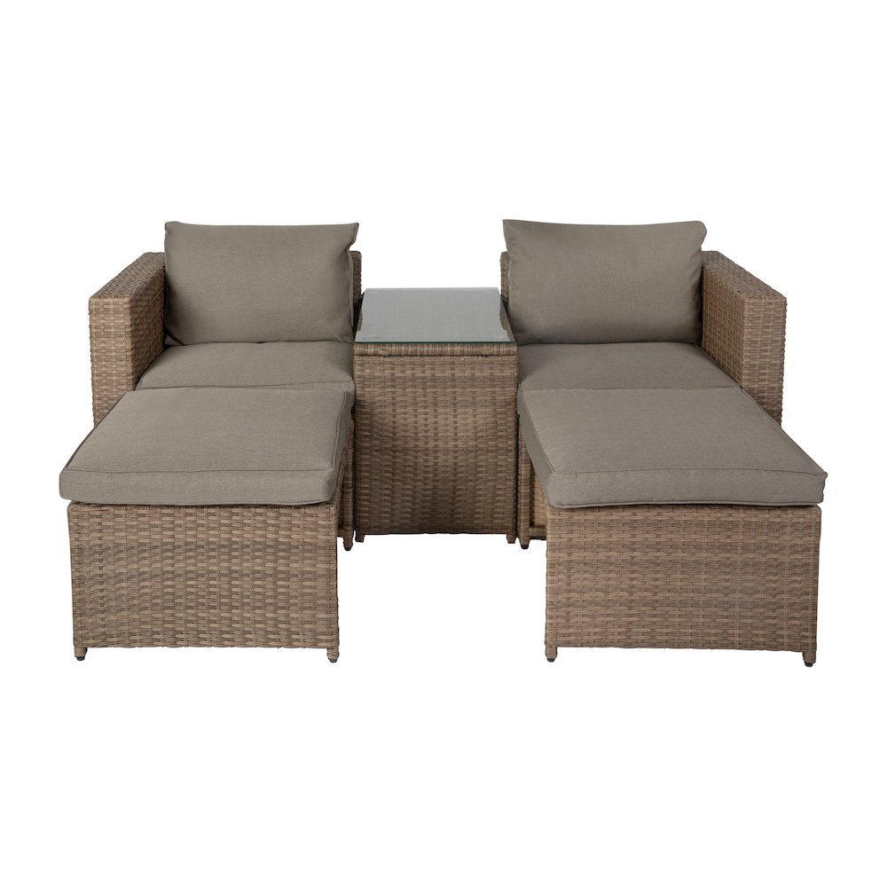 Modular Loveseat Sofa Set with Table and Ottomans, Gray Cushions, Natural Rattan