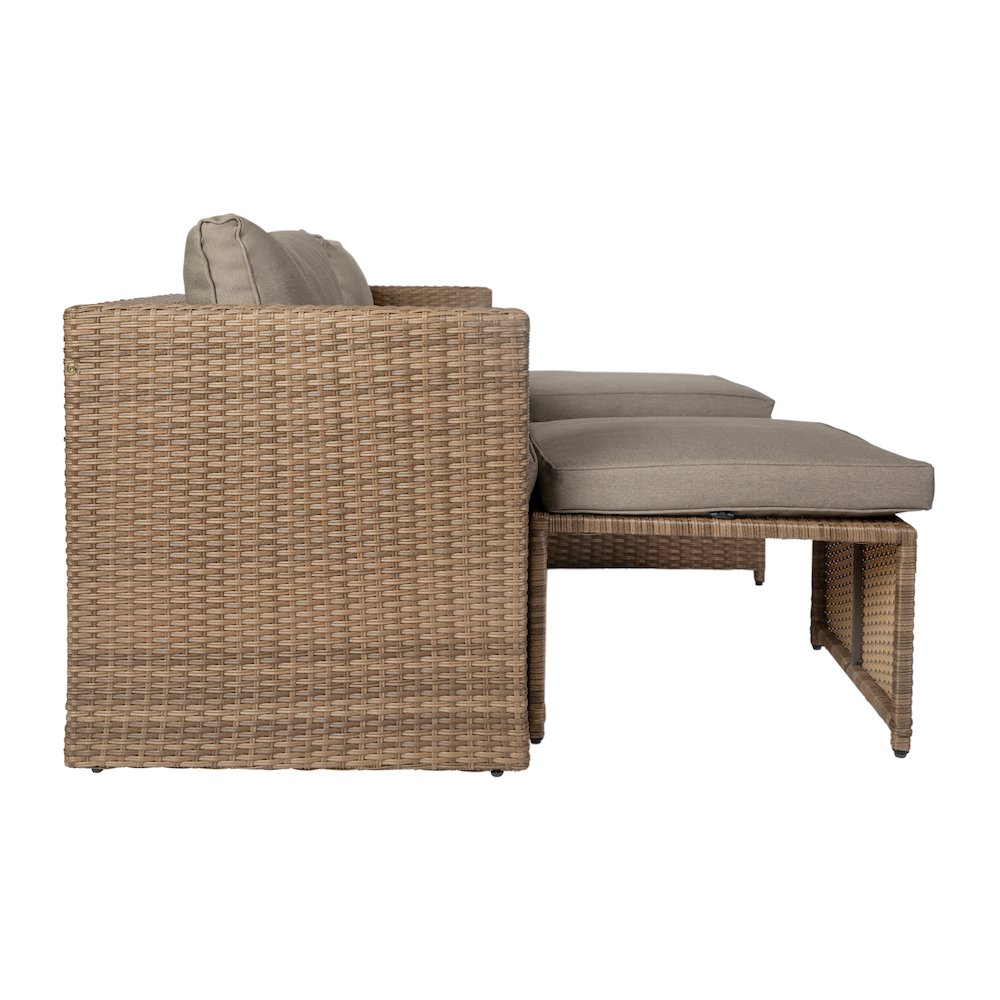 Modular Loveseat Sofa Set with Table and Ottomans, Gray Cushions, Natural Rattan