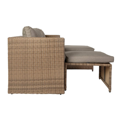 Modular Loveseat Sofa Set with Table and Ottomans, Gray Cushions, Natural Rattan