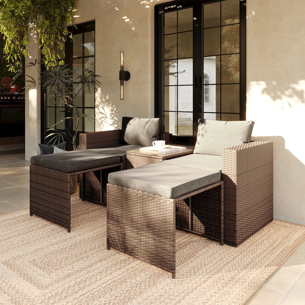 Modular Loveseat Sofa Set with Table and Ottomans, Gray Cushions, Natural Rattan