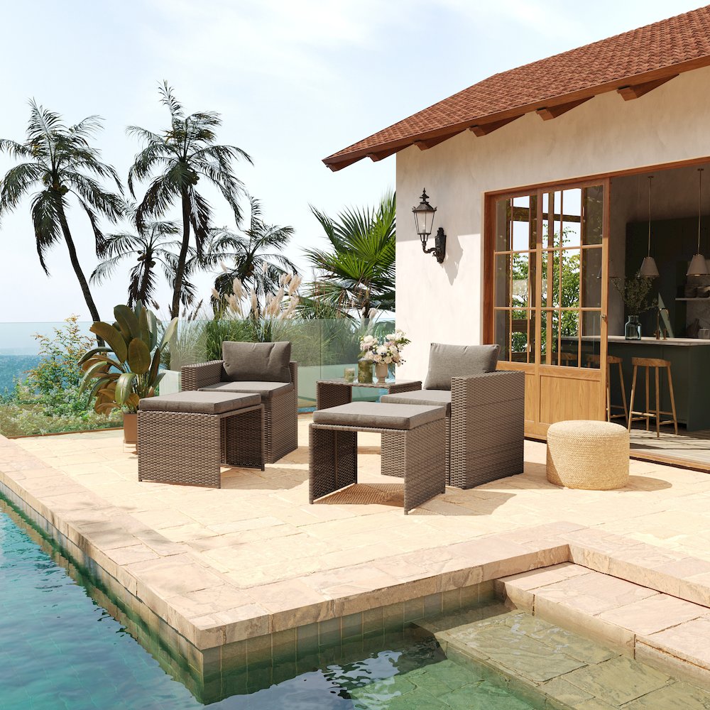 Modular Loveseat Sofa Set with Table and Ottomans, Gray Cushions, Natural Rattan