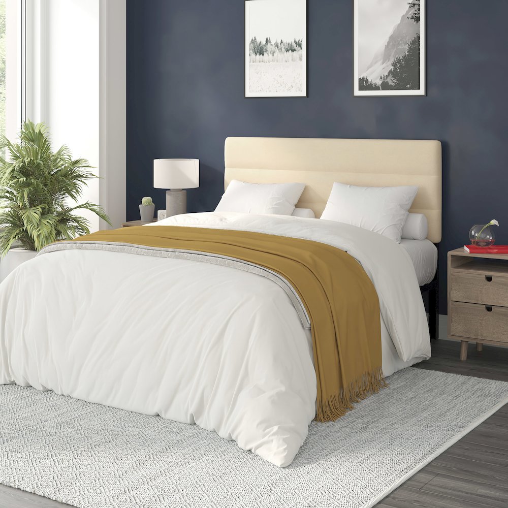 Queen Channel Stitched Fabric Upholstered Headboard, Cream