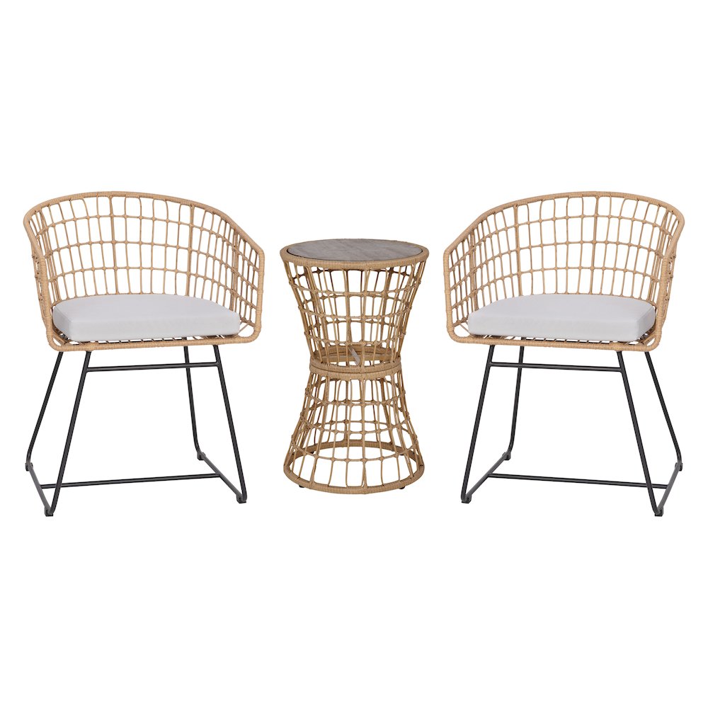 3-Piece Natural Patio Bistro Set, Rope Chairs, Light Gray Seat Cushions