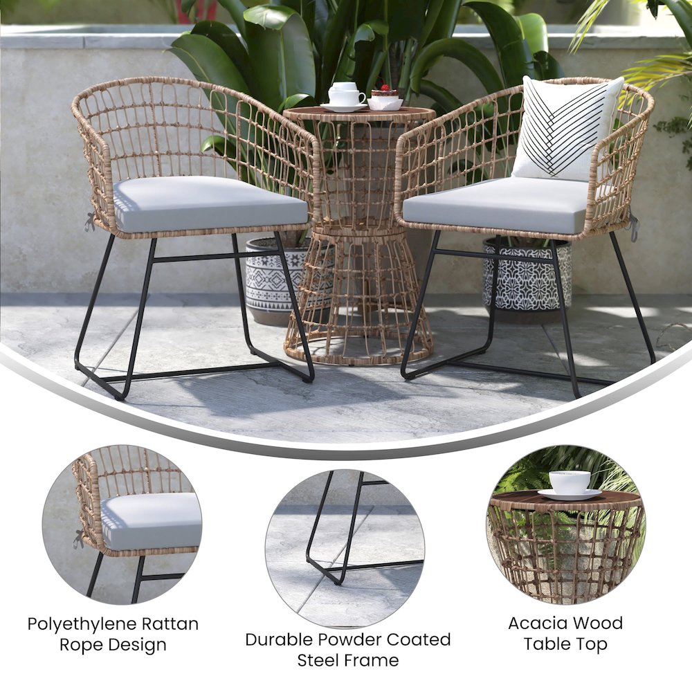 3-Piece Natural Patio Bistro Set, Rope Chairs, Light Gray Seat Cushions
