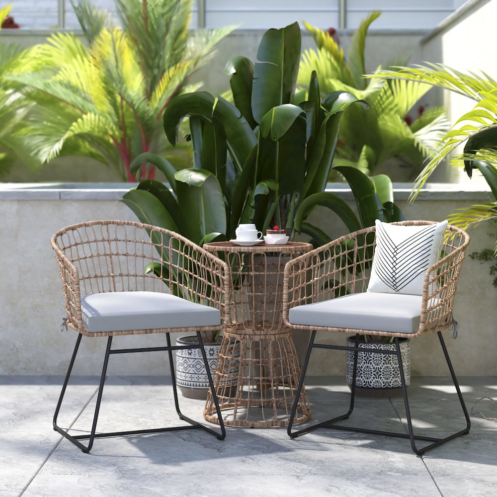 3-Piece Natural Patio Bistro Set, Rope Chairs, Light Gray Seat Cushions