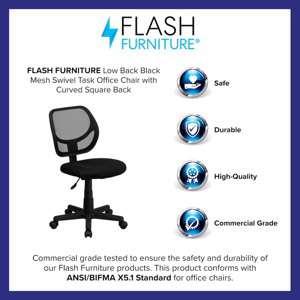 Low Back Black Mesh Swivel Task Office Chair with Curved Square Back