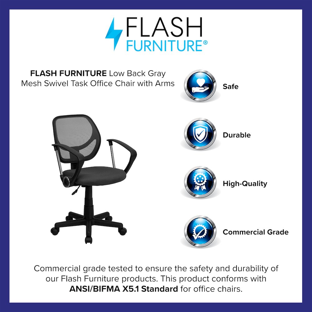 Low Back Gray Mesh Swivel Task Office Chair with Arms