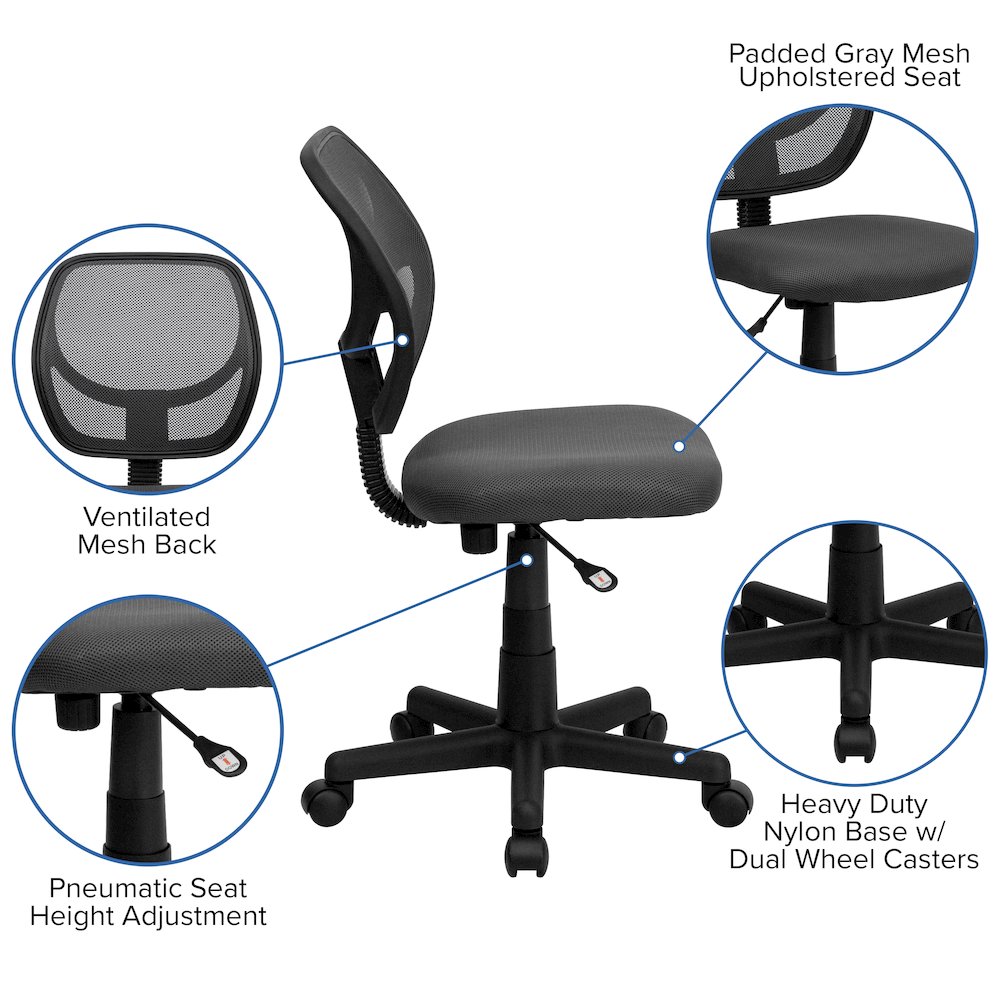 Low Back Gray Mesh Swivel Task Office Chair with Curved Square Back