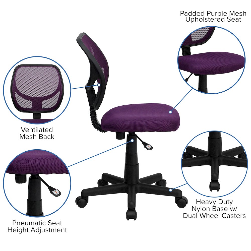 Low Back Purple Mesh Swivel Task Office Chair