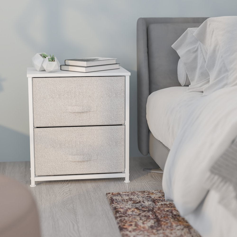 2 Drawer Wood Top White Nightstand Storage Organizer