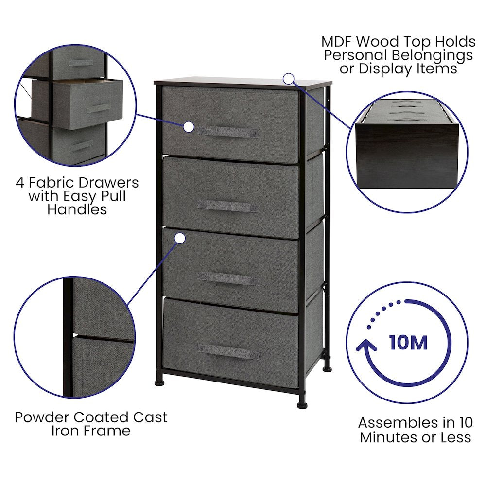 4 Drawer Wood Top BlackFrame Vertical Storage Dresser with Dark Gray Drawers