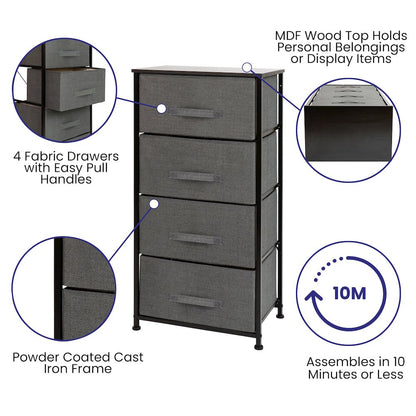 4 Drawer Wood Top BlackFrame Vertical Storage Dresser with Dark Gray Drawers