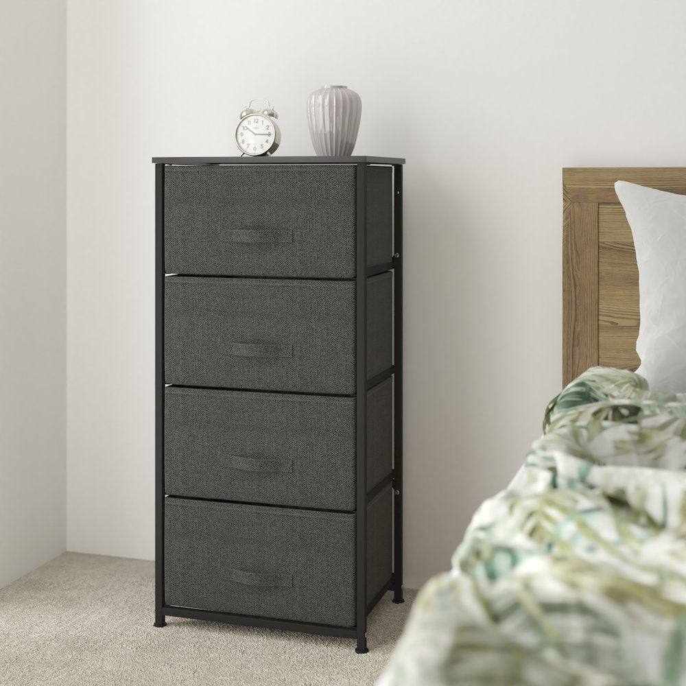 4 Drawer Wood Top BlackFrame Vertical Storage Dresser with Dark Gray Drawers