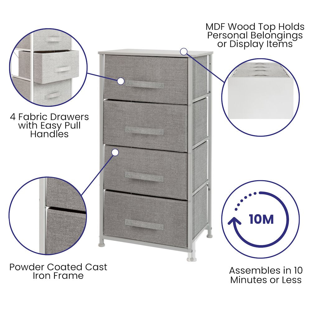 4 Drawer Wood Top WhiteFrame Vertical Storage Dresser with Light Gray Drawers